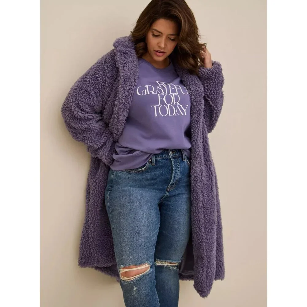 Torrid 0 Maxi Coat Size 12 Purple Soft Sherpa Open Front Lined NWT - Picture 3 of 15